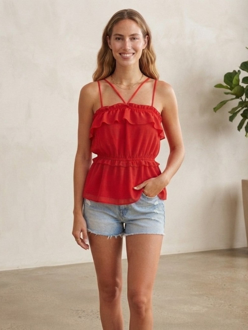 H&M Peplum Cami Top Womens 4 Bright Red Spaghetti Strap Ruffle Trim Tiered